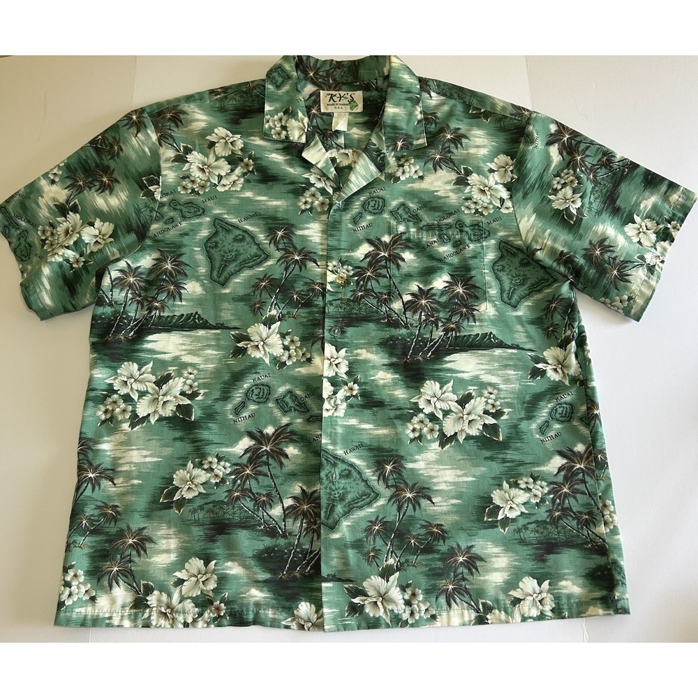 Vintage Kys Hawaiian Shirt XL Green White Floral AOP Made in USA‎ Beach Casual